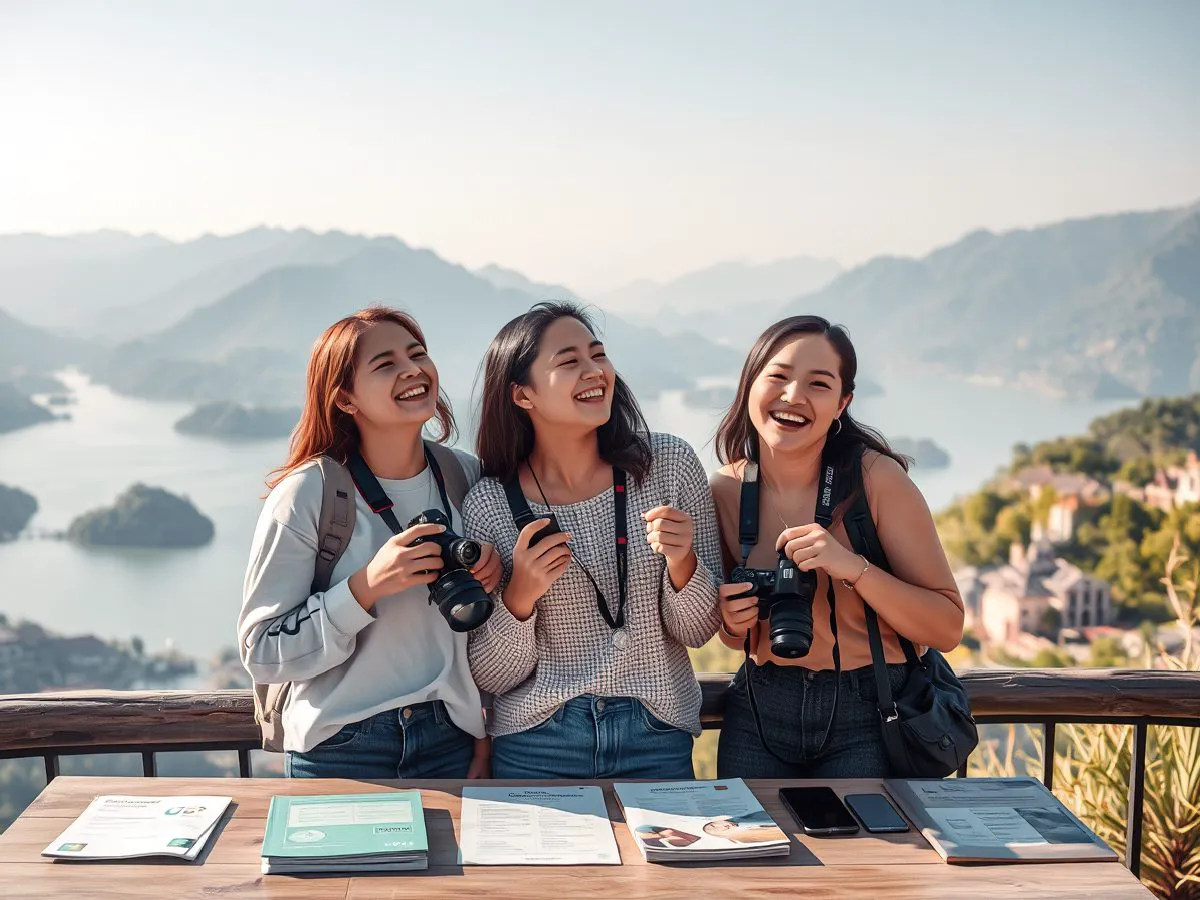 三位闺蜜在云南大理洱海观景台合影留念