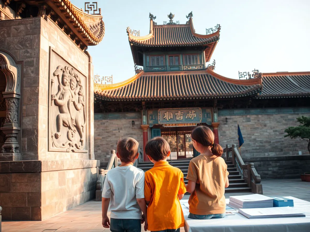 家庭游客在古迹前听导游讲解，文化主题游场景